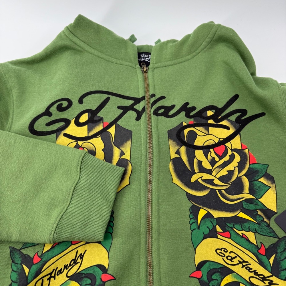 Ed Hardy Mens Army Green Rose Tattoo Graphic Zip Up Hoodie EEHM1301-14 L